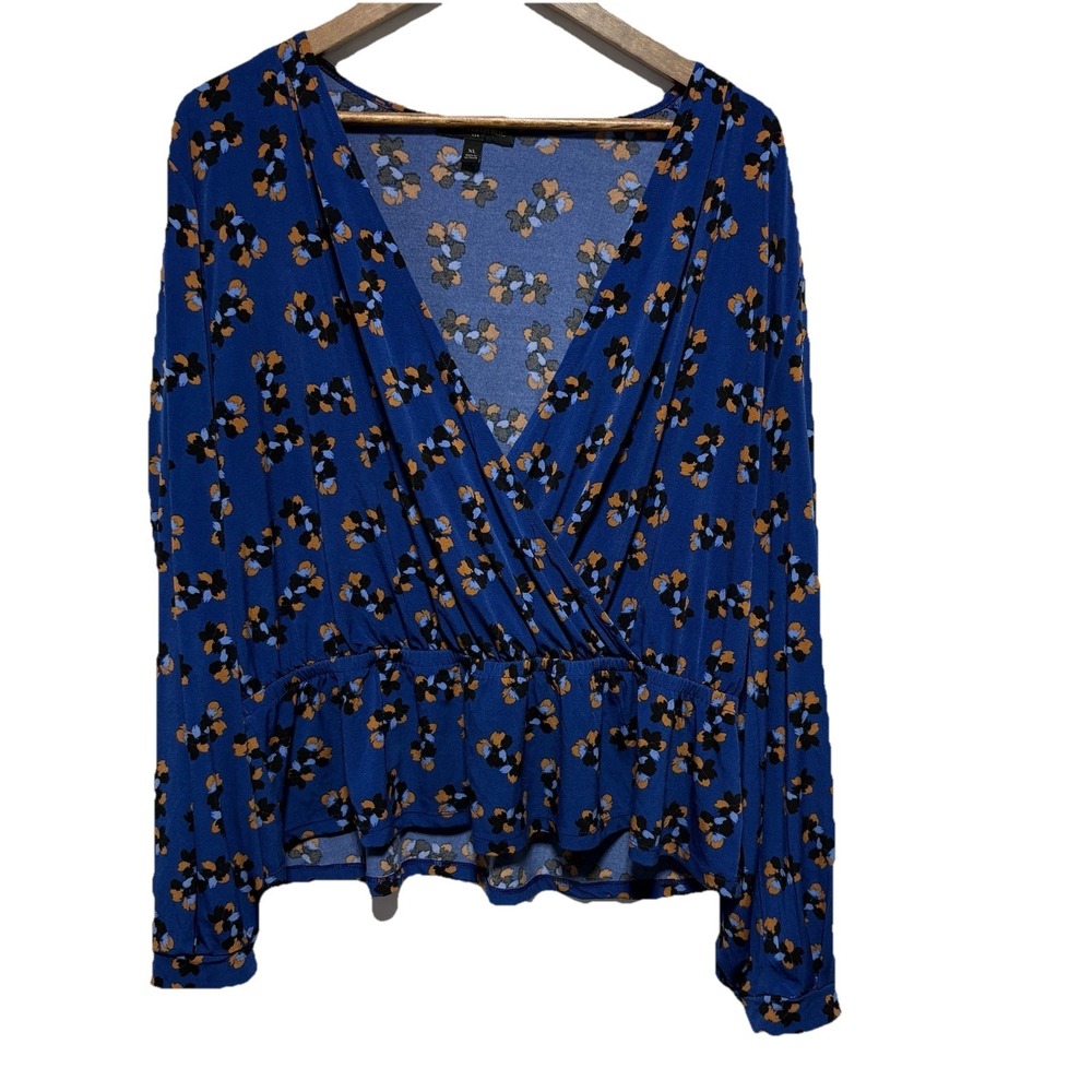 Banana Republic Blouse XL Blue Floral Stretch Knit Peplum Deep V Neck Faux Wrap